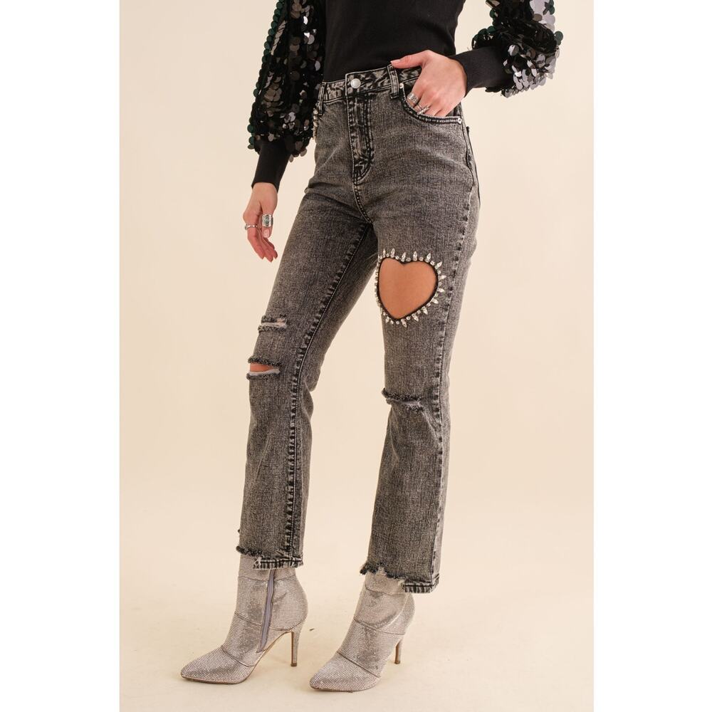 Blue B Size Small Charcoal Crop Stretch Ankle Button Heart Cut Out Denim Jeans